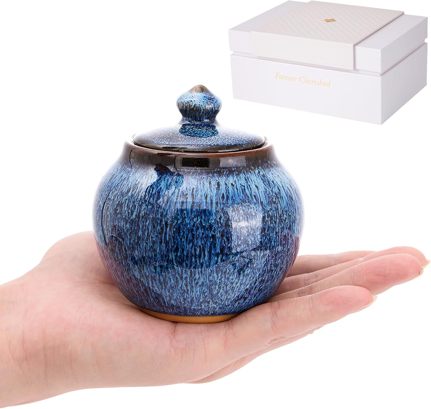 Small Keepsake Urn with Memorial Box – Unique Handcrafted Blue Glaze Ceramic Urn