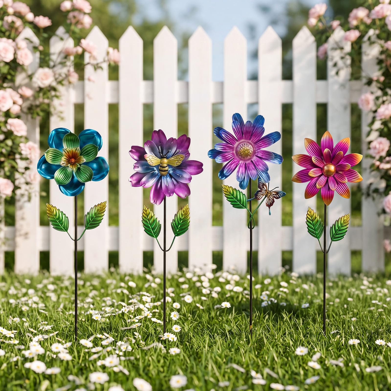 Metal Flower Garden Stakes for Outside, 4 Pack Flower Garden Decor with Shaki…
