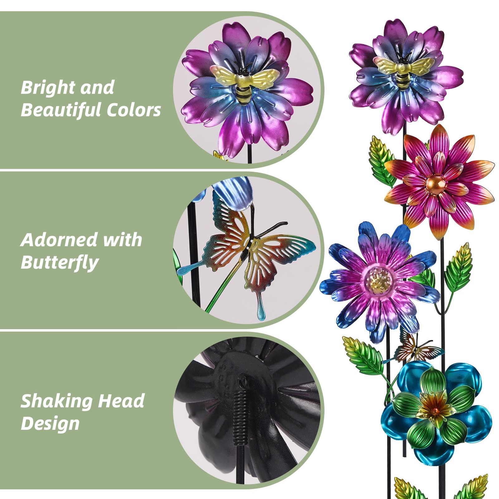 Metal Flower Garden Stakes for Outside, 4 Pack Flower Garden Decor with Shaki…