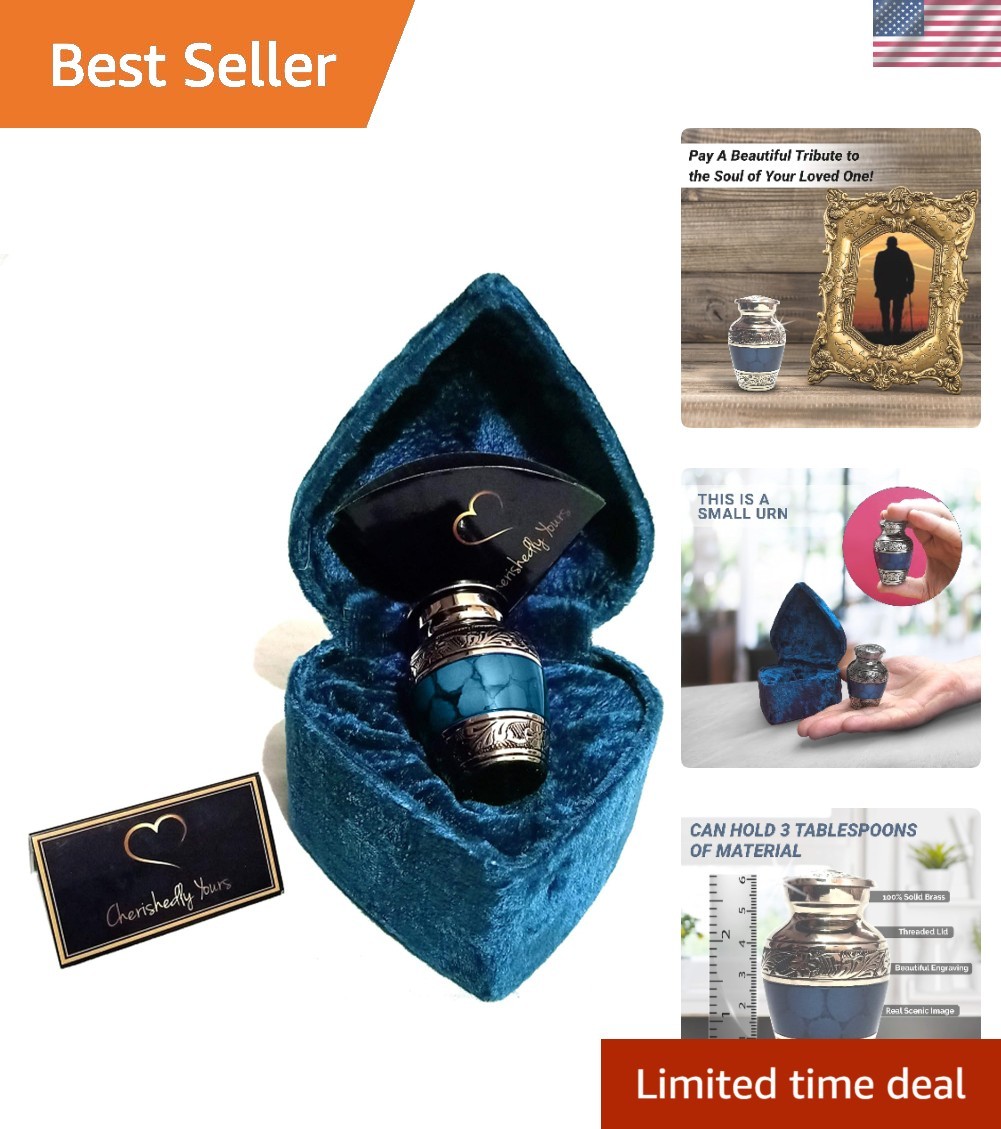 Elegant Small Keepsake Cremation Urn with Velvet Heart Case — Dark Blue Brass