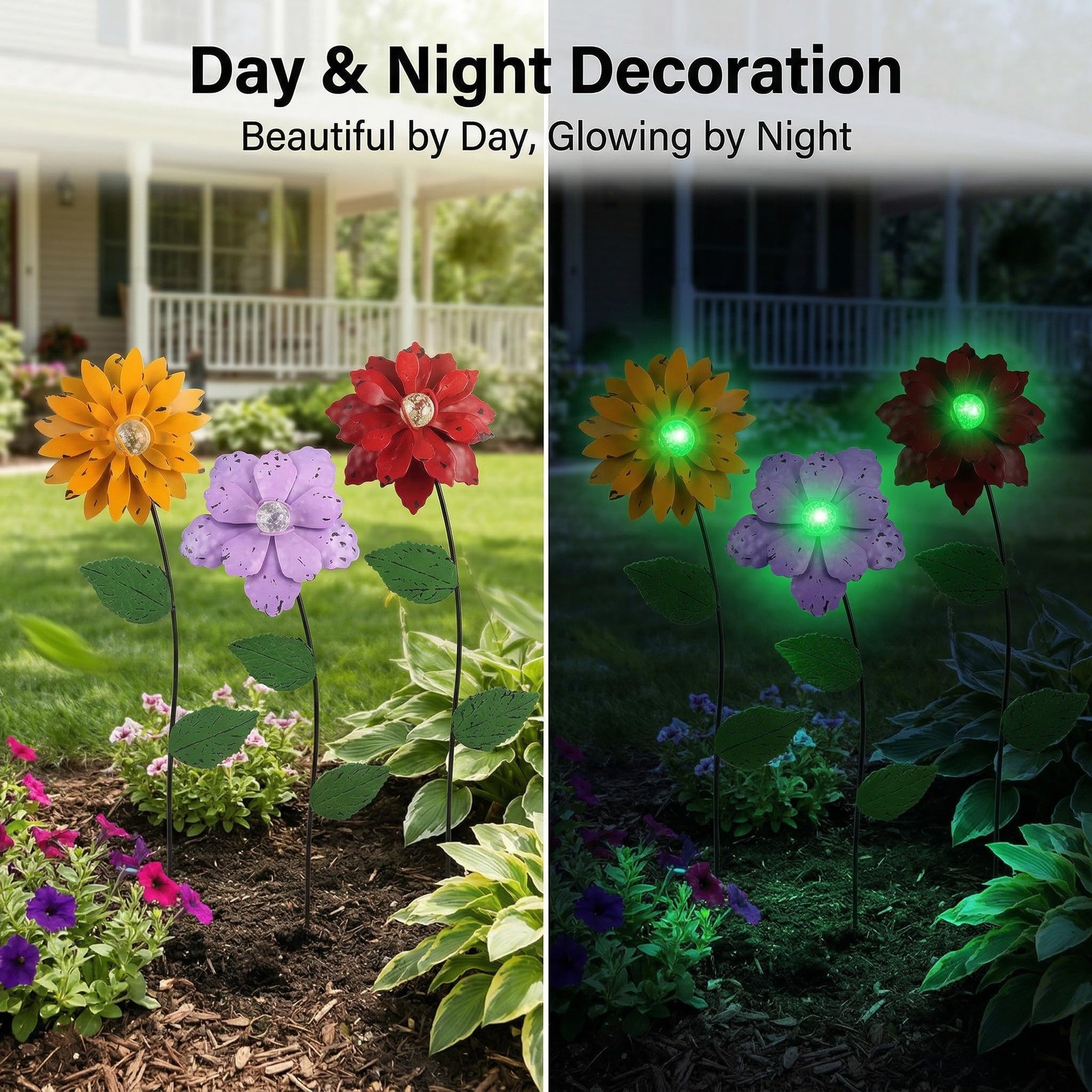 Garden Decor for Outside, 3 Pack Glow in the Dark Flower Garden Stakes, 14″ L…
