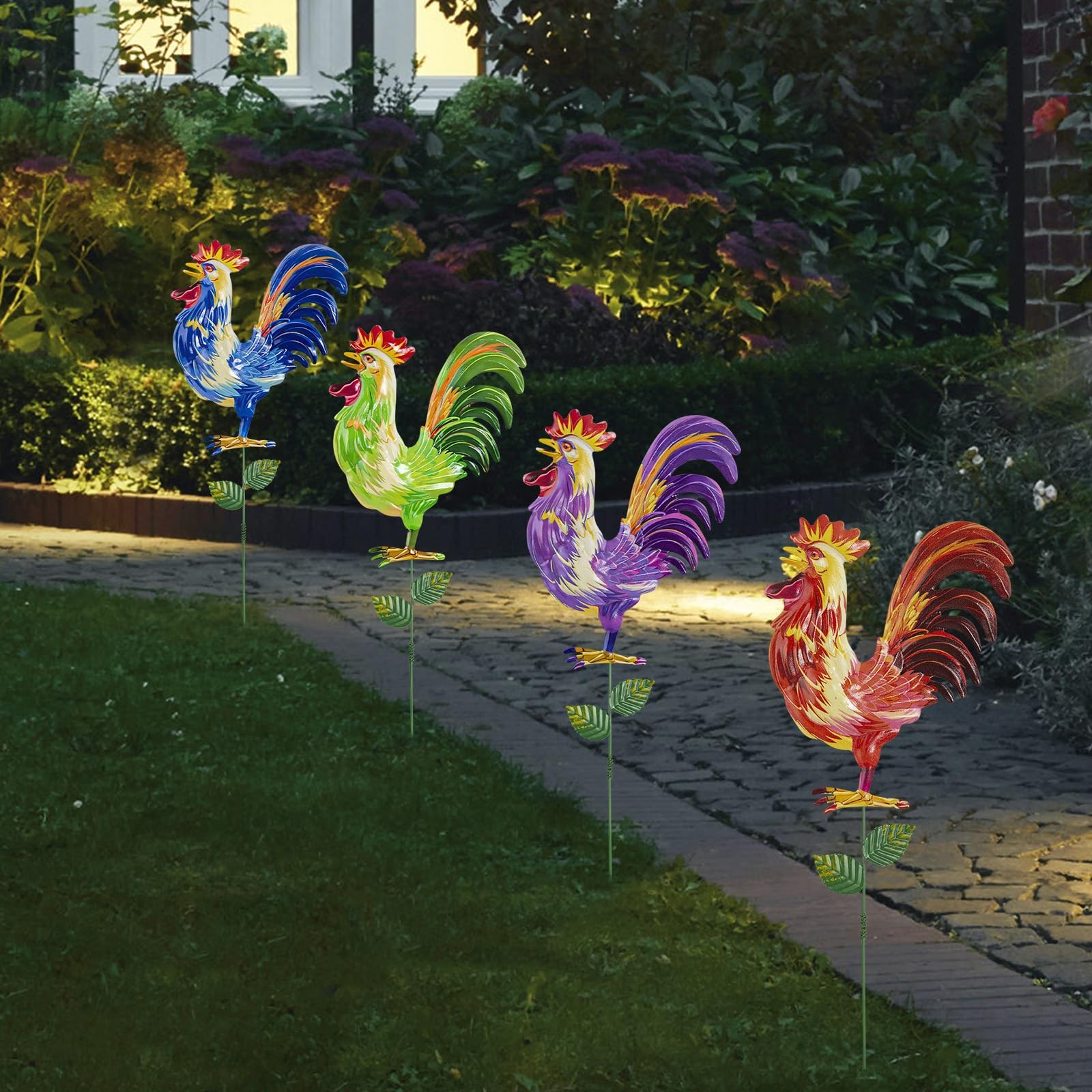 Outdoor Metal Garden Stakes 18 Inch Weatherproof Rooster Yard Art, 4 Pack