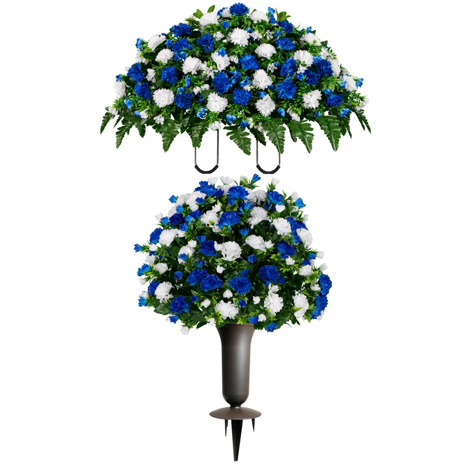 Artificial Gravesite Arrangement – Blue & White Garden Mum Saddle Bouquet & Vase