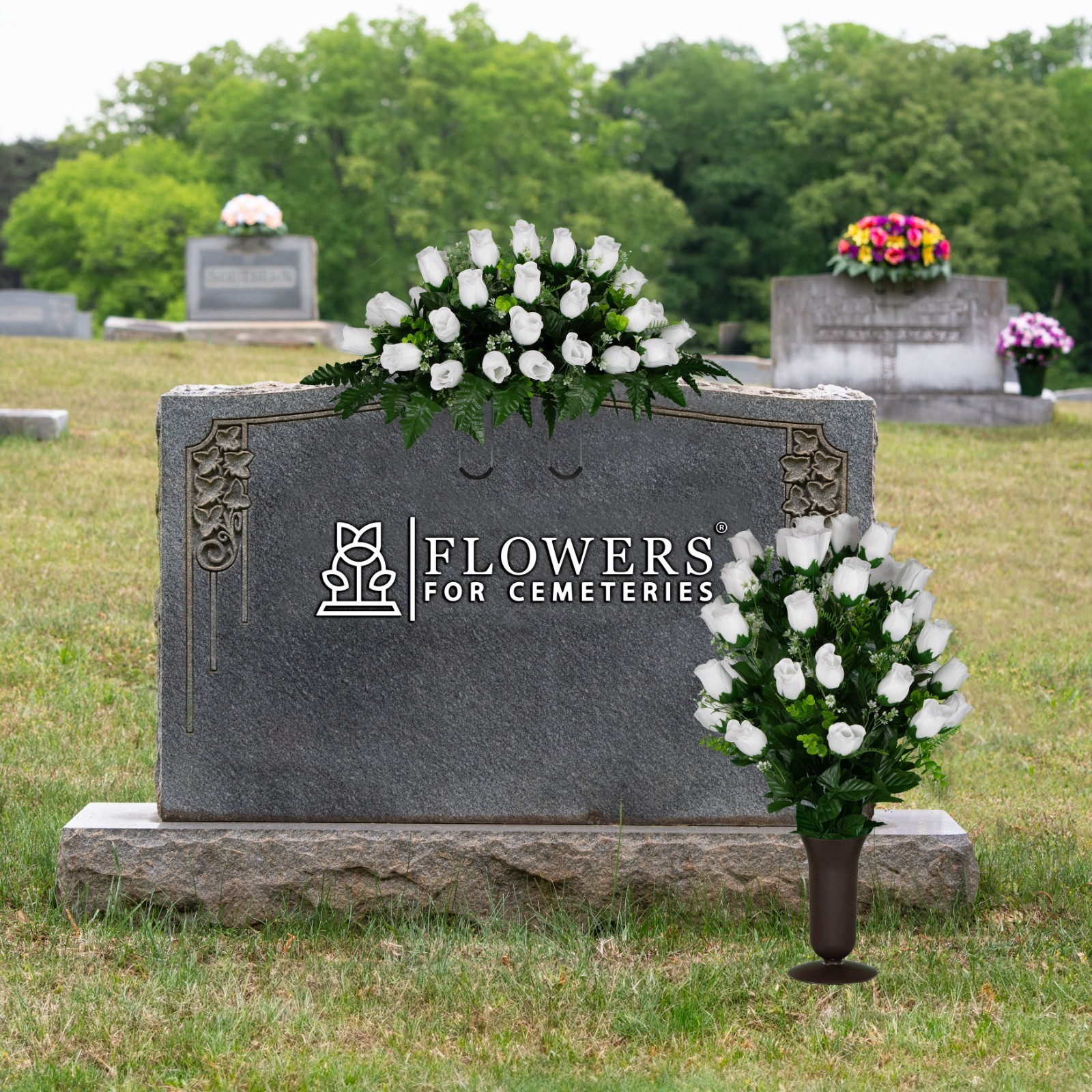 Artificial Cemetery Flowers -White Rose Saddle, 2 Bouquets & 2 Vases