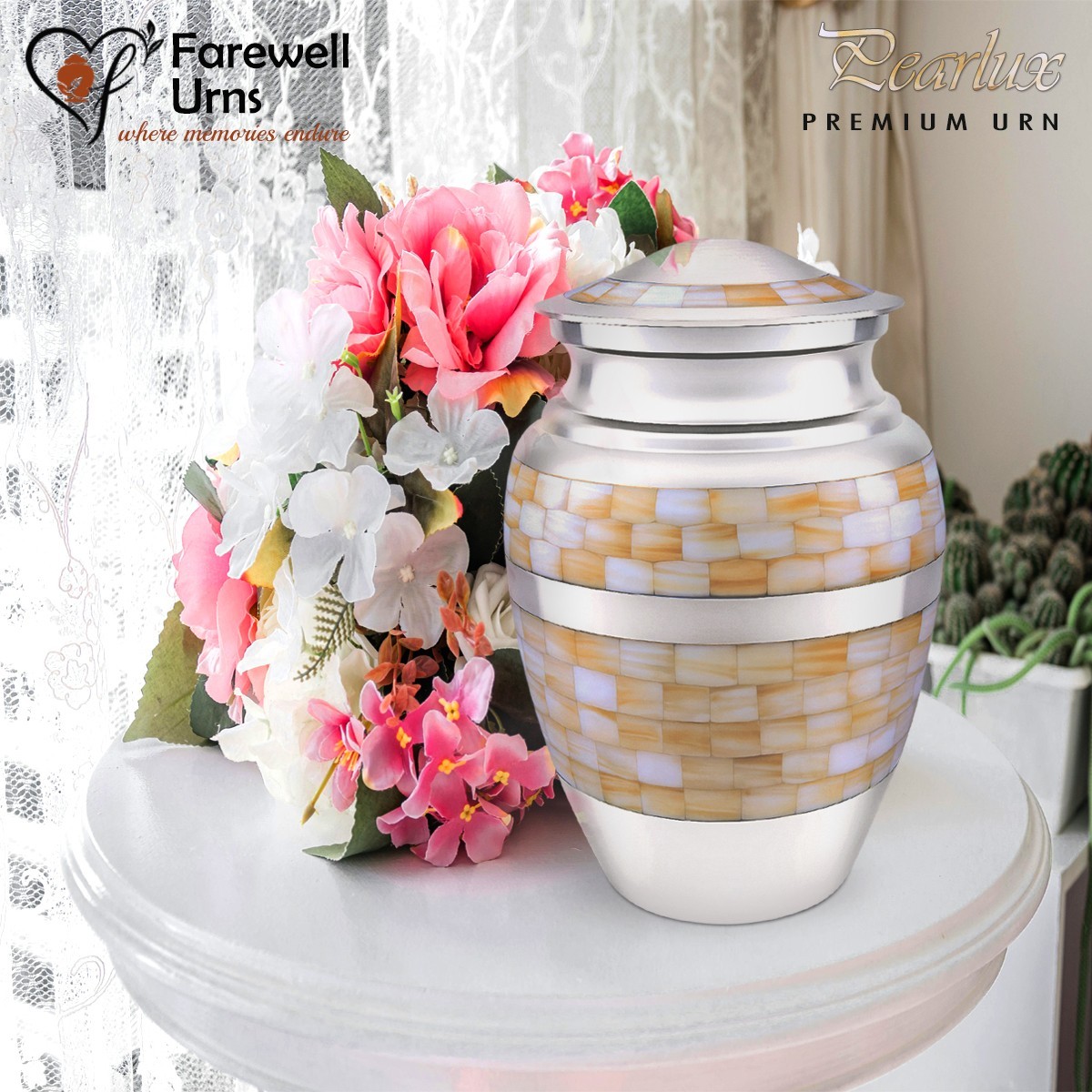Pearlux Mother of Pearl Cremation Urn for Adult Ashes – Silver Memorial Handmade