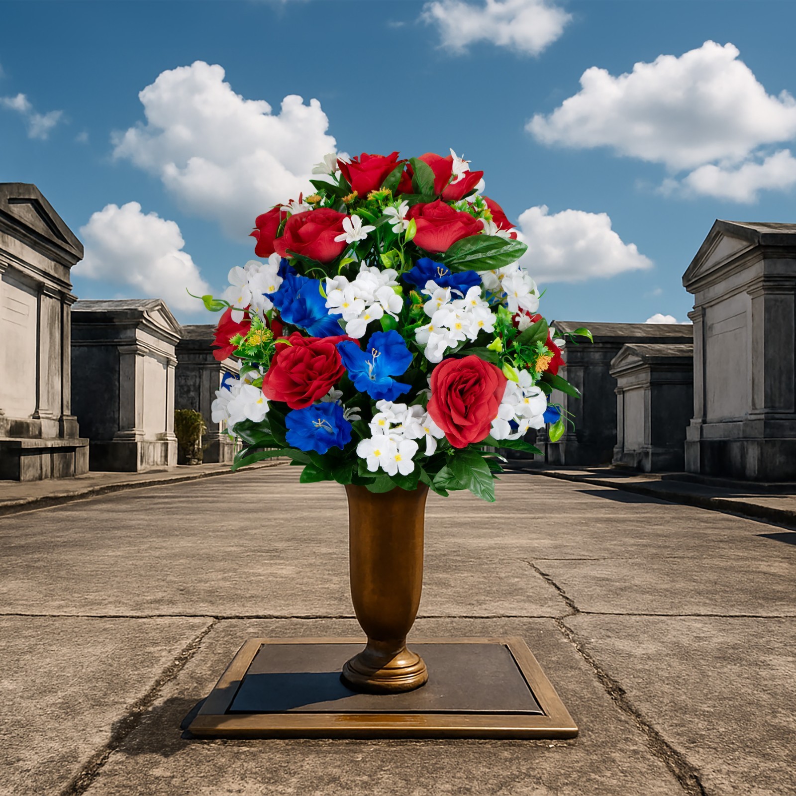 Artificial Gravesite Bouquet – Red Roses, White Hydrangea and Blue Alstroemeria