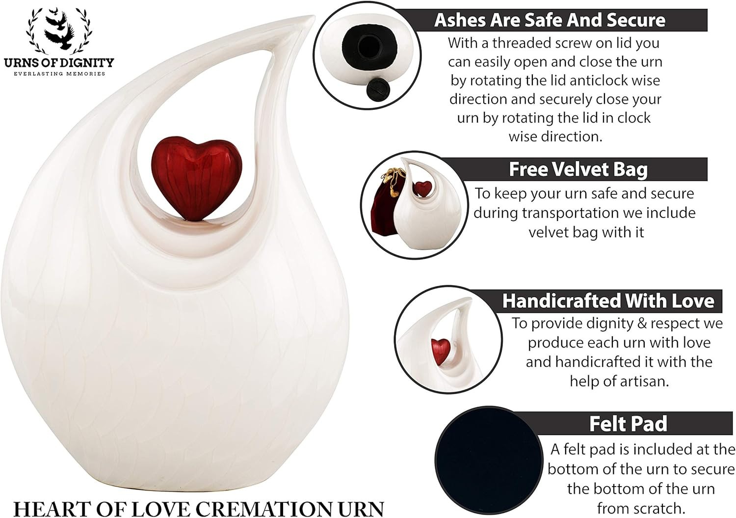Heart of Love Cremation Urn for Adult Human Ashes, 12in, White With Red Heart