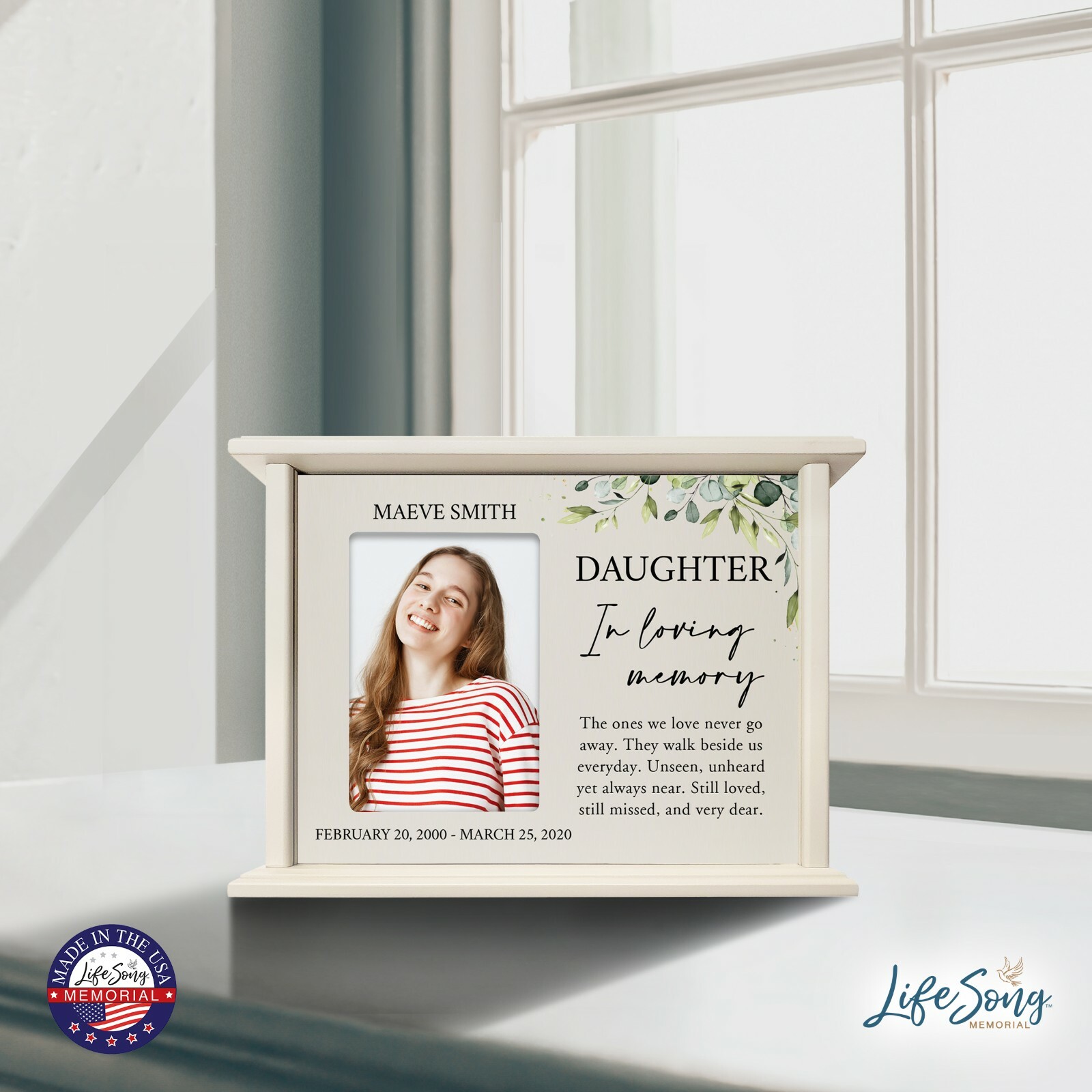 Custom Cremation Urn Box Holds 200 cu in w/ 4×6 Photo – Loving Memory (Daughter)