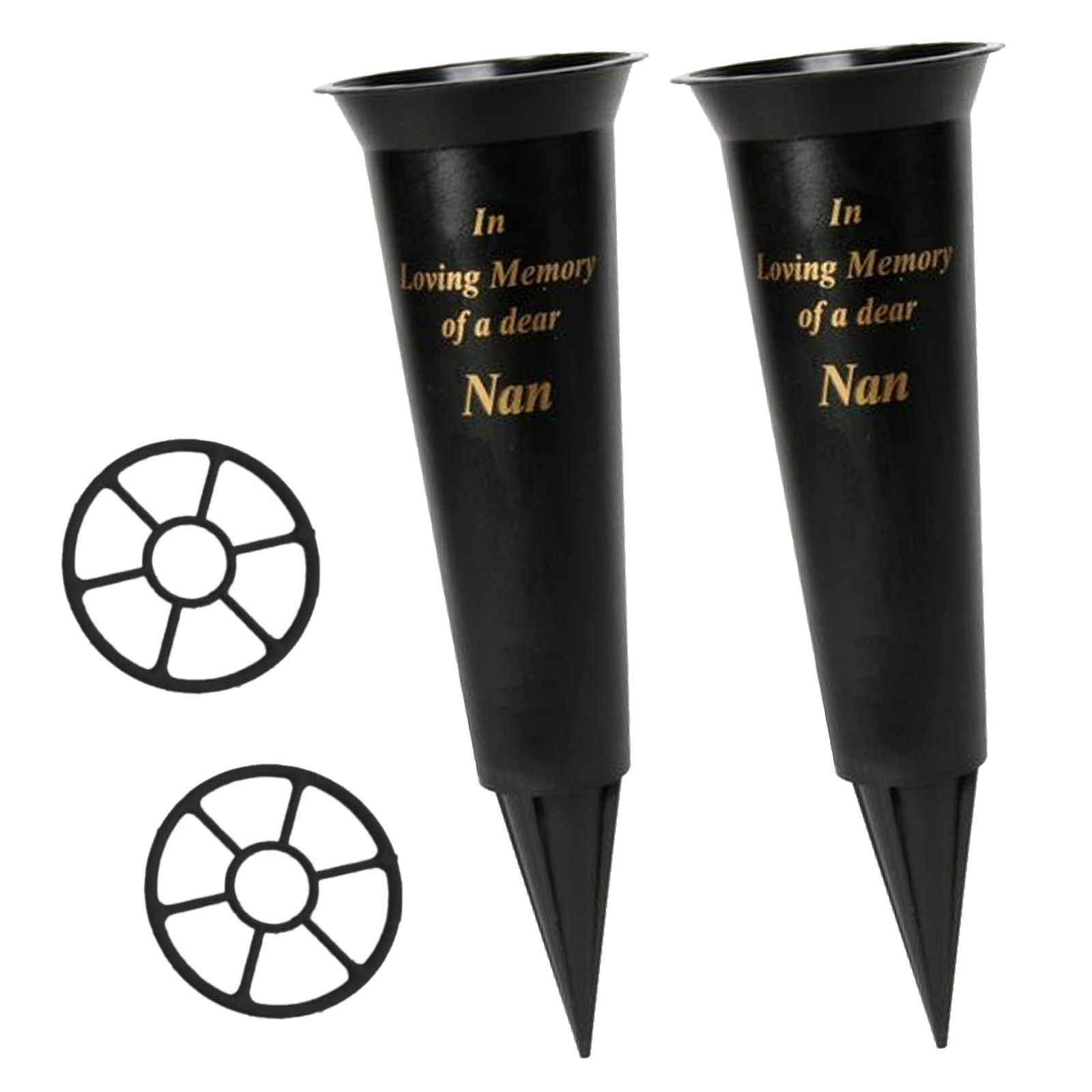 Black Memorial Flower Vase Spike Base with Insert Graveside Set of 2 – Nan