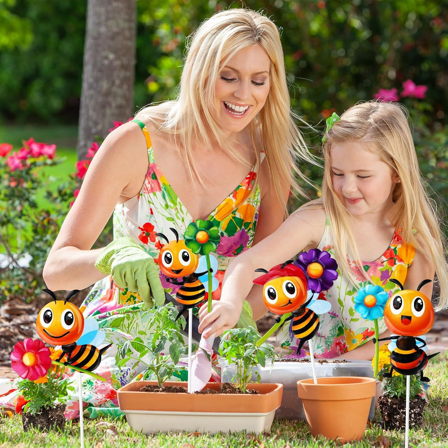 4 PCS Metal Bee Garden Stakes Decorative, Colorful 12.2 Inches Outdoor Bee Gard