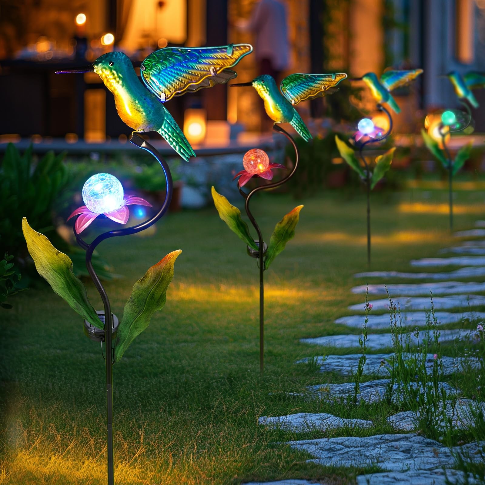 HONGLAND 46 Inch Solar Hummingbird Lights, Solar Garden Decor with Cracked Gl…