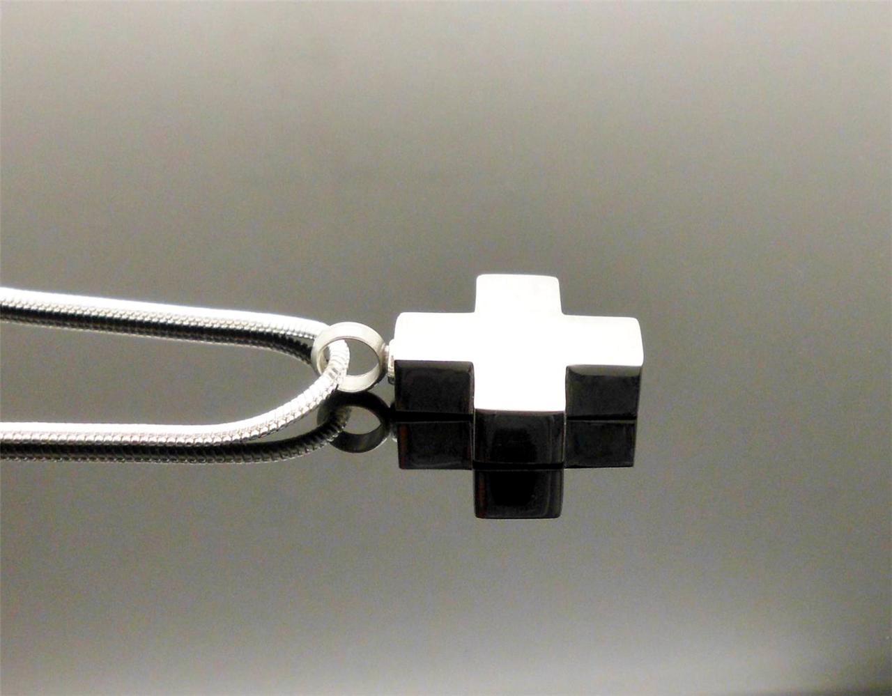 Black & Silver Keepsake Memorial Short Cross Cremation Urn Pendant Jewellery NIB