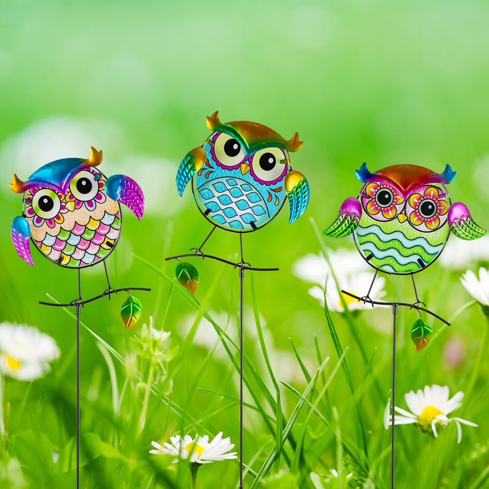 Decorative Garden Stakes,Set of 3 Owl Stained Glass Metal Yard Art Outdoor,Wa…