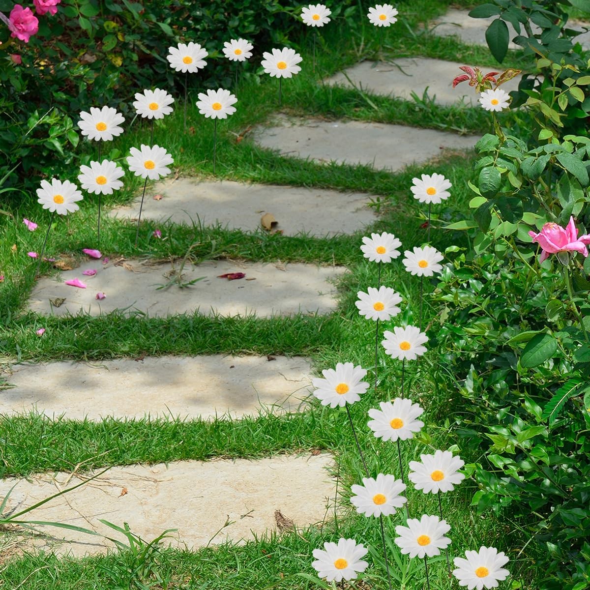 20 Pcs Daisy Garden Stakes Decor White Daisy Flower Garden Stakes Iron Crafts…