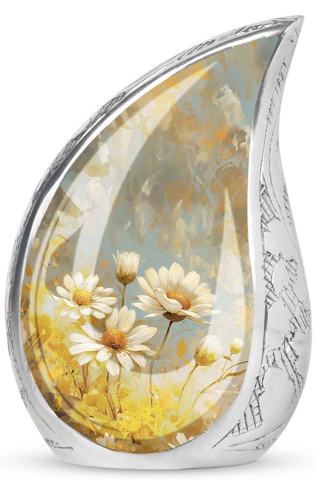 Golden Daisy Daisies Cremation Urn for Ashes Silver 10″ Memorial Funeral Keepsak