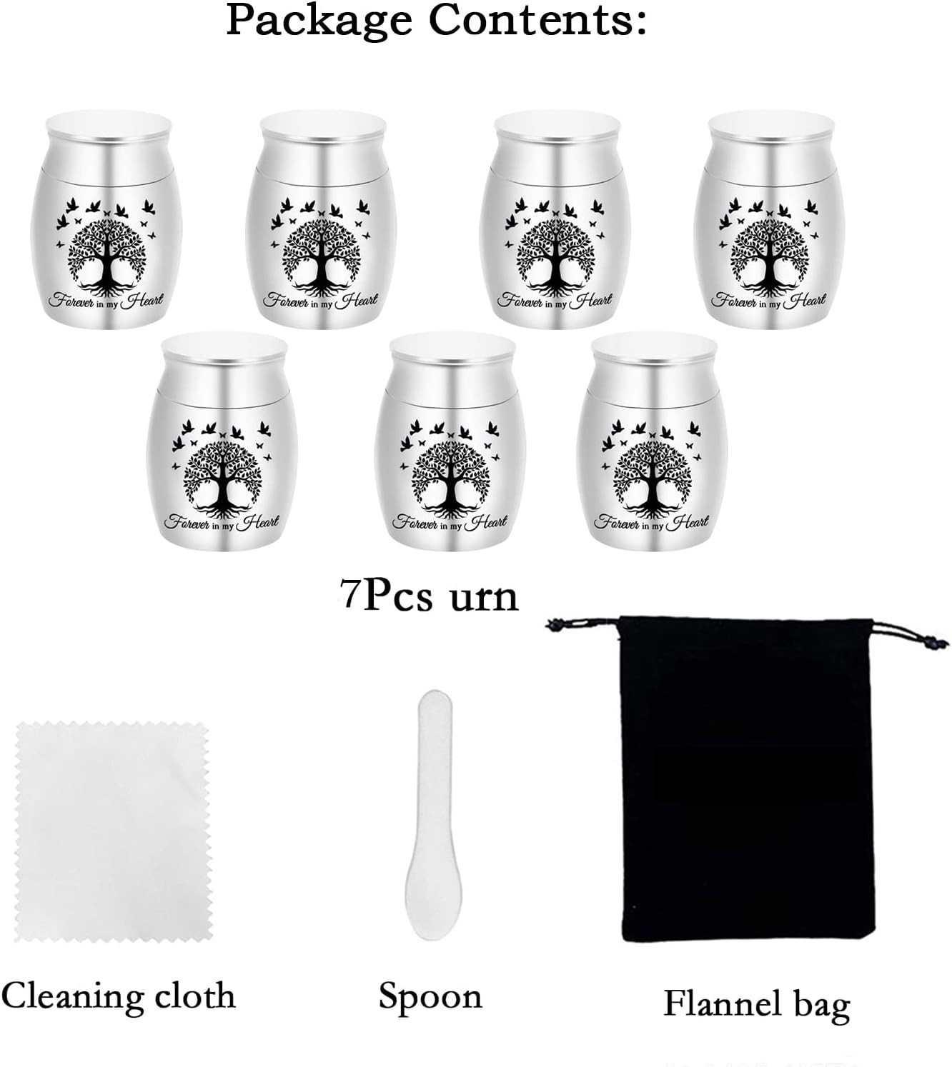 Forever in My Heart – 7 Mini Stainless Steel Ashes Urns with Velvet Bags