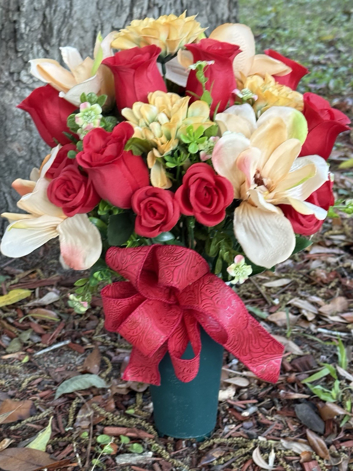Cemetery Vase Memorial Silk Flower Arrangement Red, Yellow & Cream