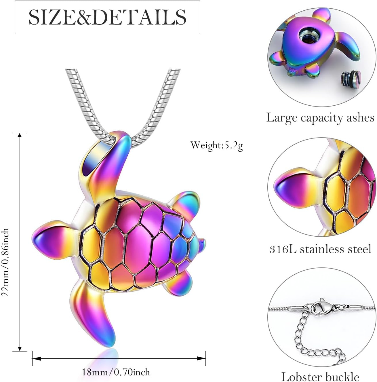 Sea Turtle Urn Necklace for Ashes Animals Cremation Jewelry Stainless Steel Memo