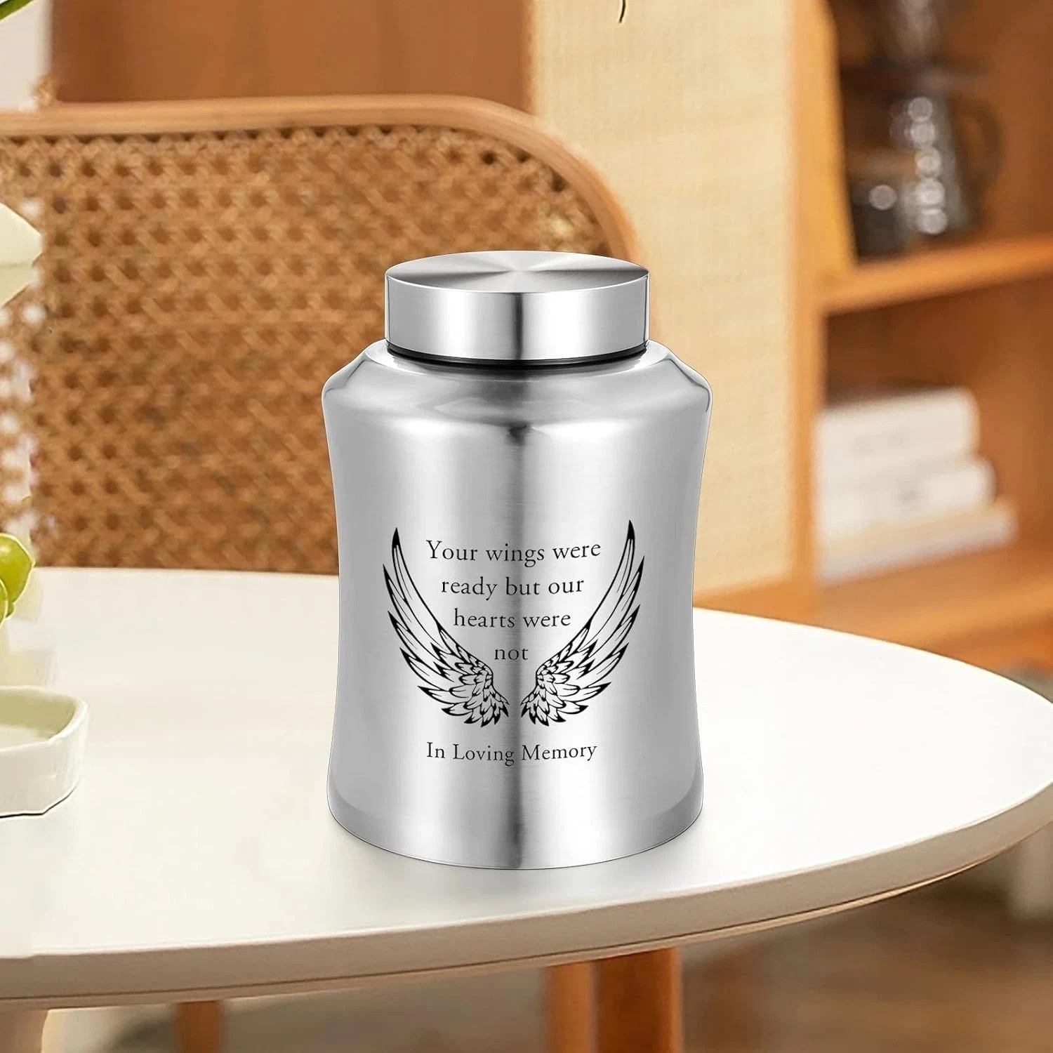 Large Stainless Steel Cremation Urn for Adults with Wings Engraving Silver