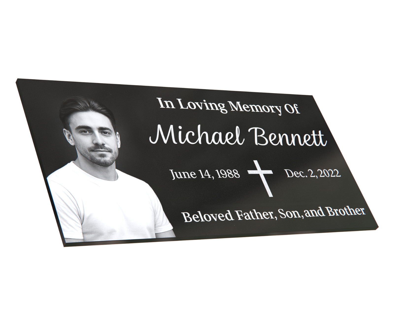 24×12×4″ Black Granite Grave Marker – Custom Portrait & Engraving & Cross