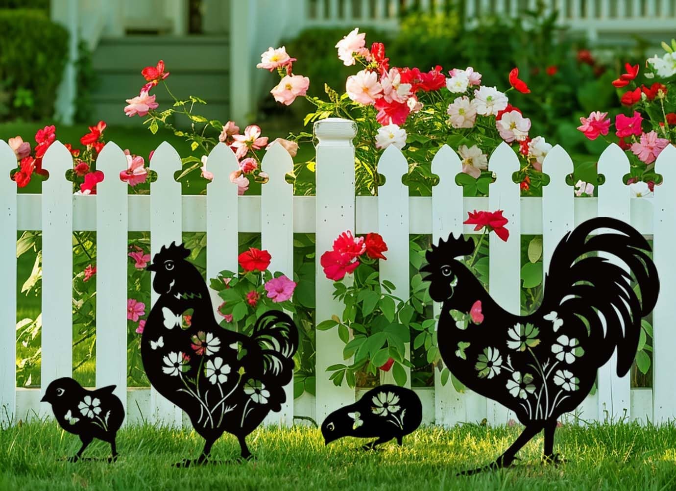 Metal Chicken Garden Decor – 4 Pcs Yard Art Stakes for Outdoor Lovers