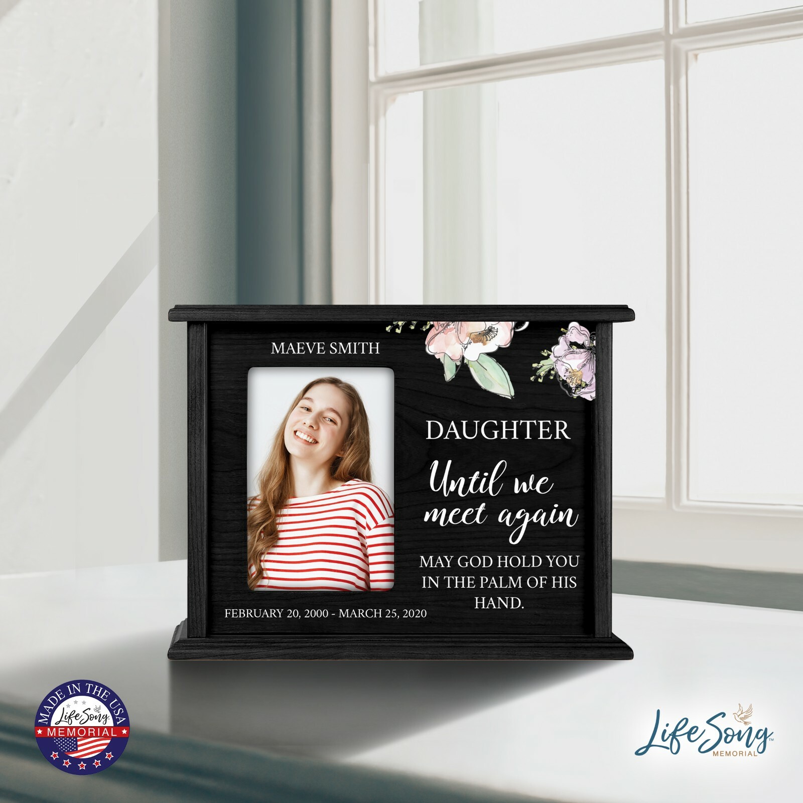 Custom Cremation Urn Box Holds 200 cu in w/ 4×6 Photo – Until We Meet (Daughter)