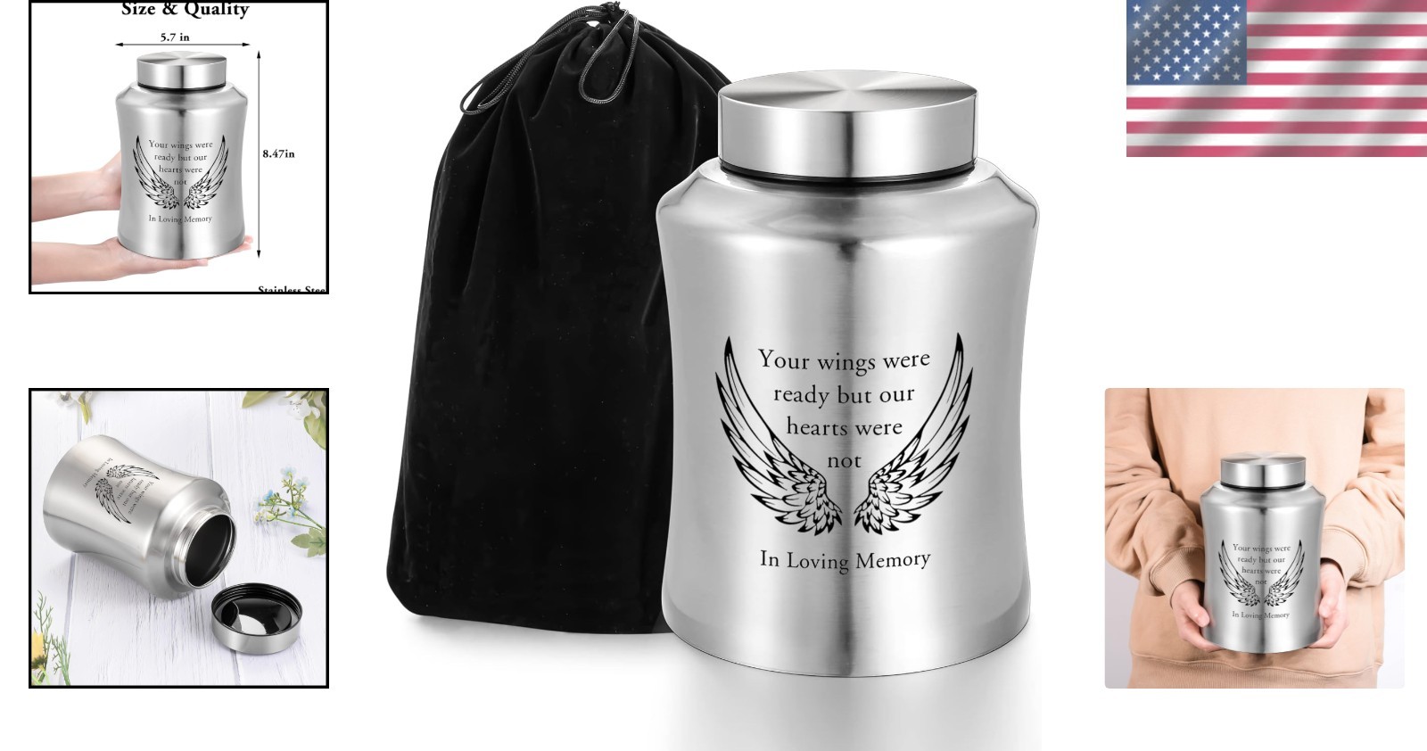 Decorative Ashes Urn with Angel Wings Engraving – Large Capacity for Loved Ones