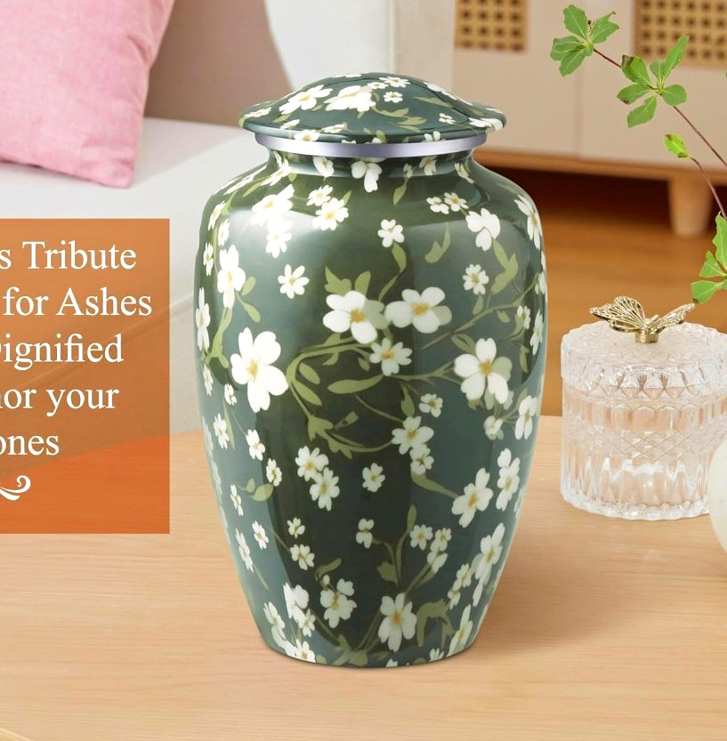 Green Floral Metal Memorial Cremation Urn for Ashes Adult Human with Lid