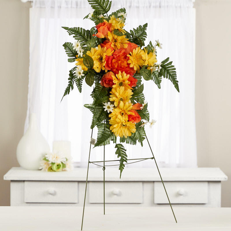Yellow and Orange Silk Flower Premade Easel Cemetery Cross Arrangement