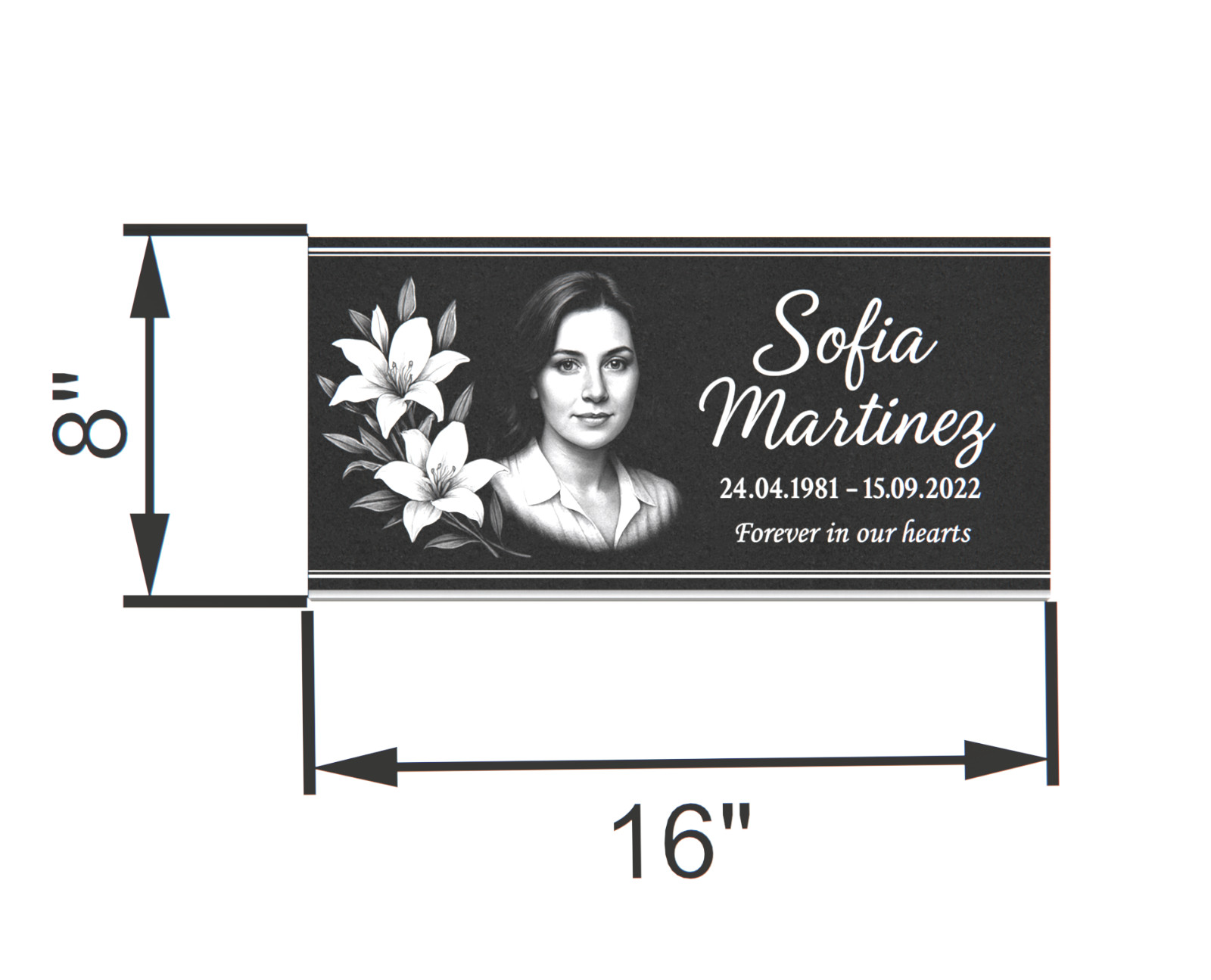 Custom Black Granite Headstone 16x8x3 – Engraved Portrait Memorial with Flowers
