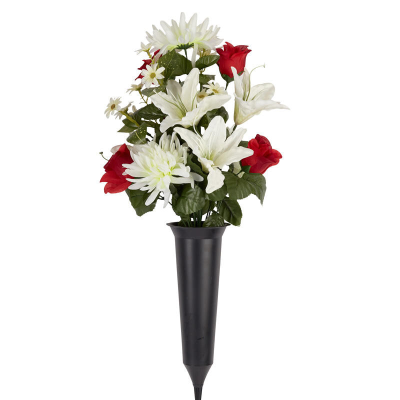 Red and Cream Premade Artificial Memorial Cemetery Cone Bouquet