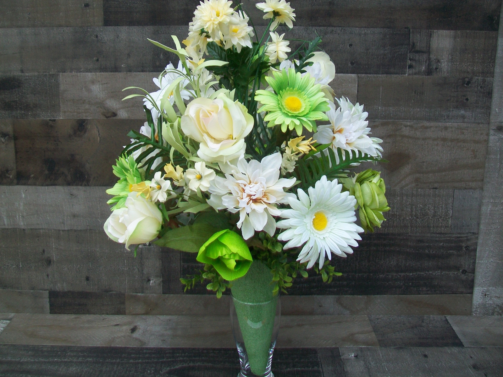 Spring Green White Beige Cemetery Cone Floral Arrangement for Gravesite