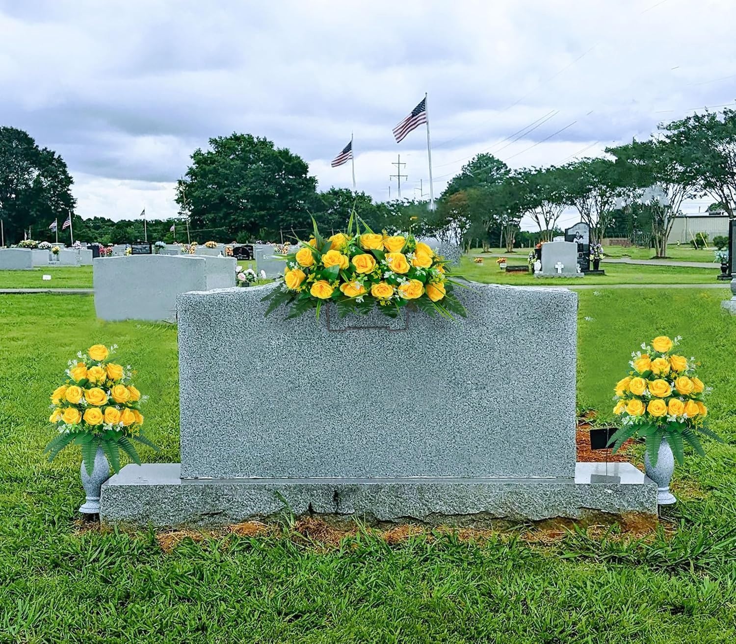 Weather-Resistant Silk Flower Saddle – Vibrant Yellow Rose Grave Decoration