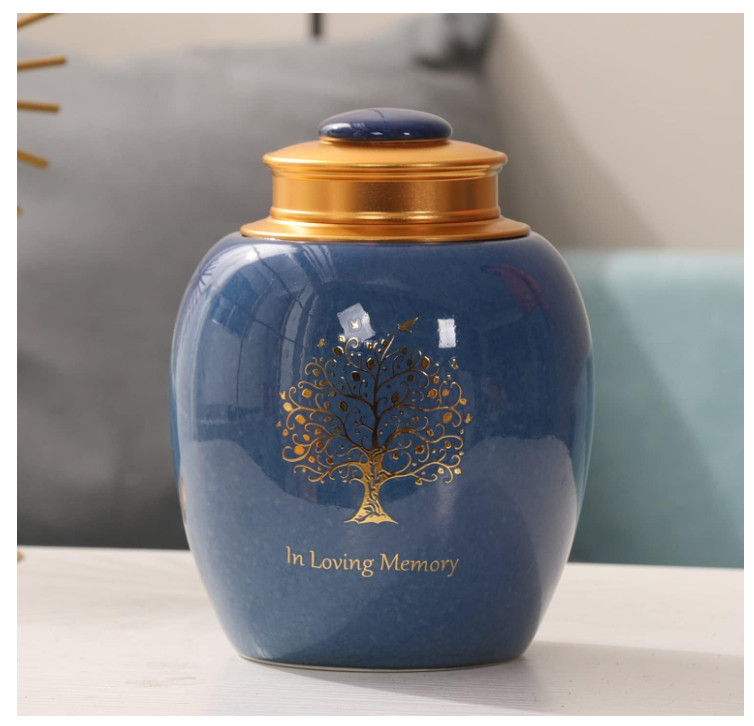 Ceramic Tree of Life Urn for Human Pet Ashes 65 Cu in Keepsake Medium Blue Jar