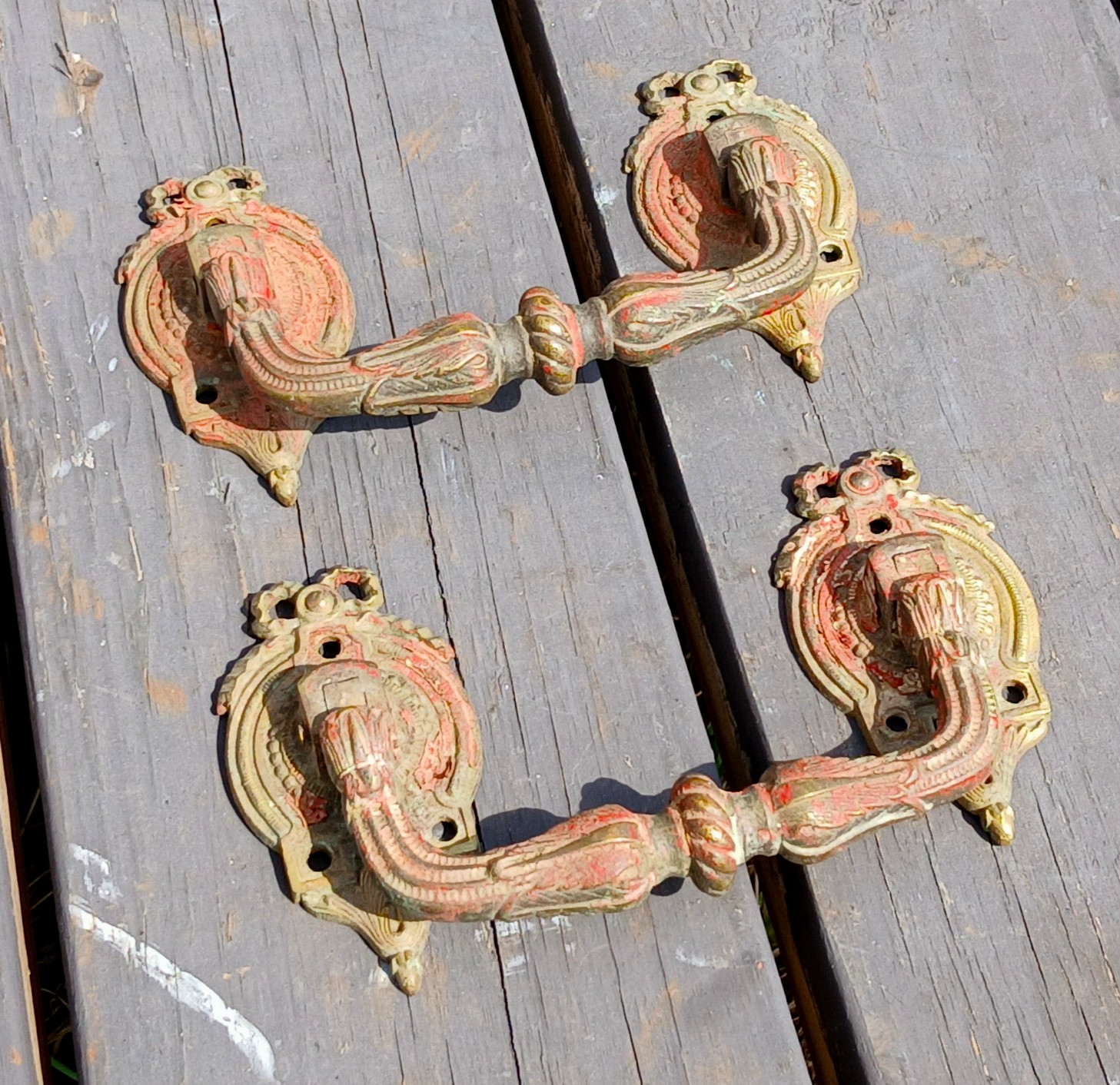 Antique Pair Heavy Cast Brass Hearse or Casket Backplates with Bail Handles 1880