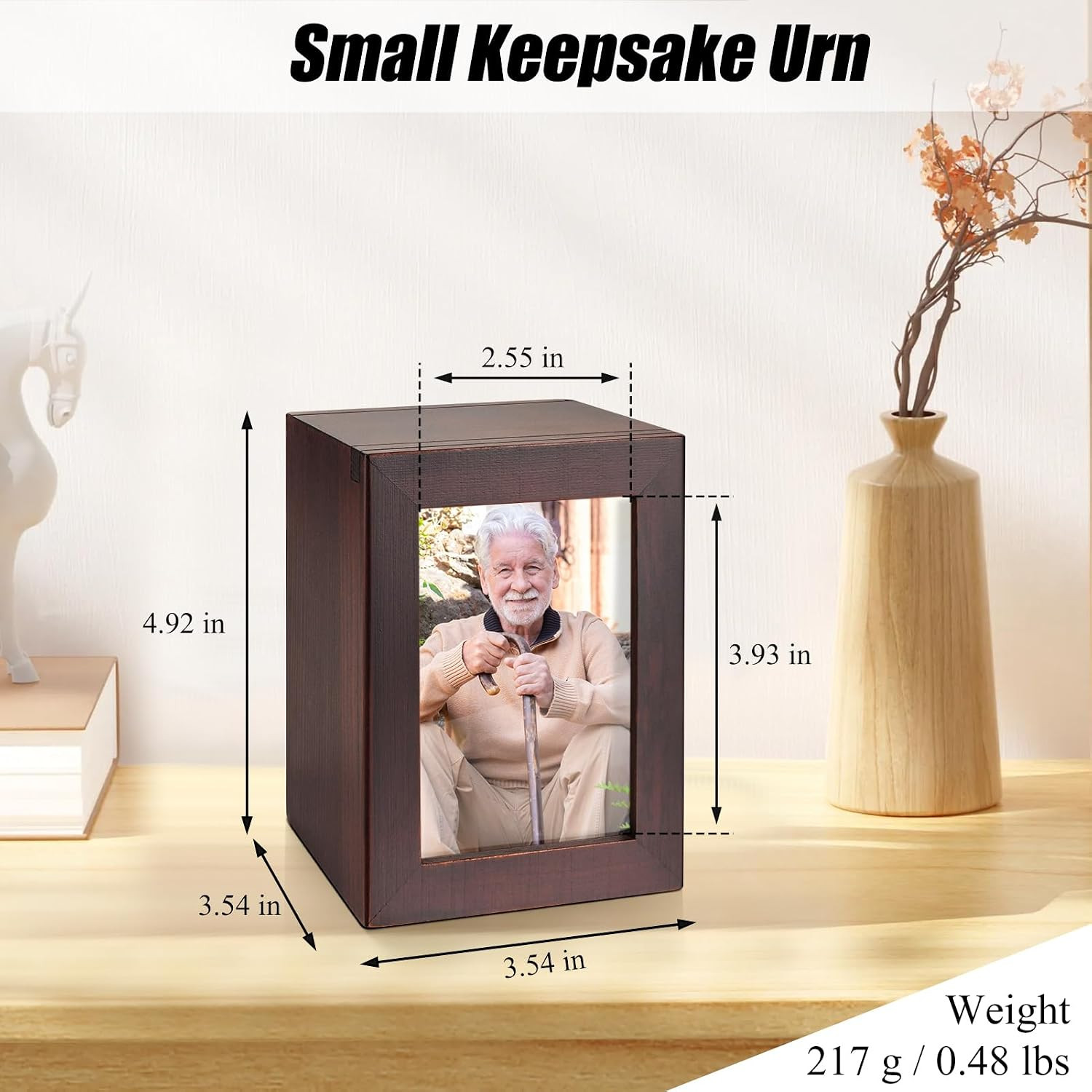Small Wooden Urn for Human Ashes – Decorative Keepsake Box with Photo Frame, Bro