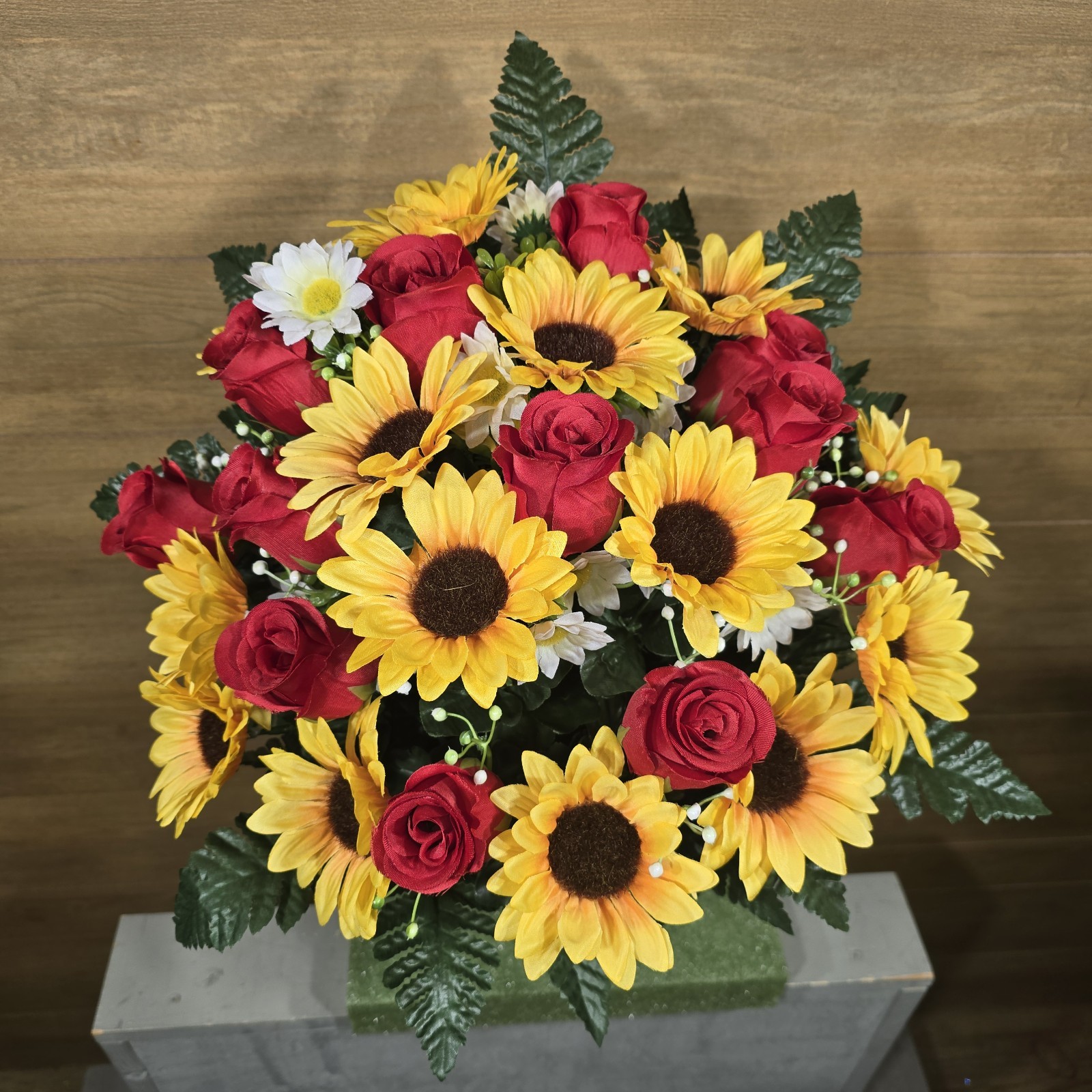 SUNFLOWER CEMETERY VASE MEMORIAL DECORATION WITH RED ROSEBUDS AND SUNFLOWERS
