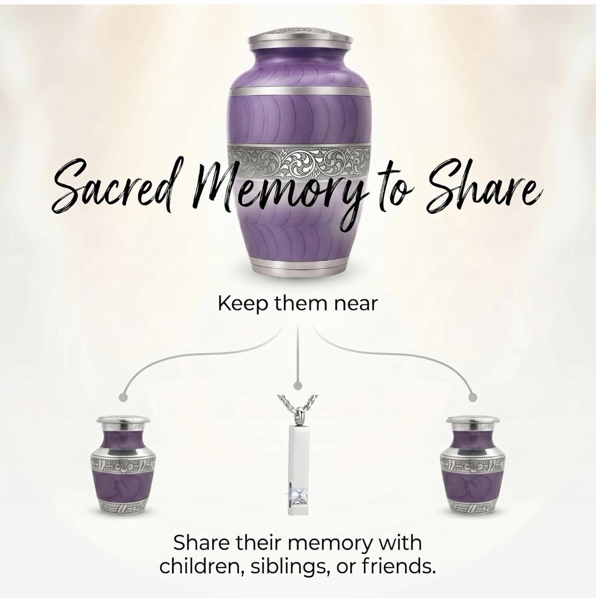 Purple Metal Cremation Urn Set for Adult Ashes with Keepsake and Necklace
