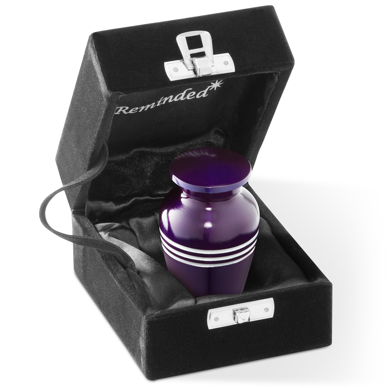 Small Keepsake Cremation Urn for Human Ashes, Purple Silver Striped Velvet Case