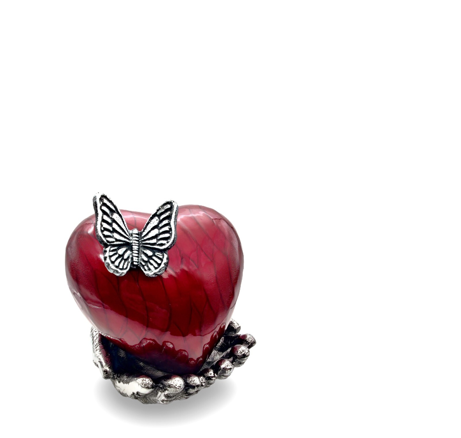 RED Butterfly Heart Cremation Urn for Ashes with Hand Shape Stand Memorial
