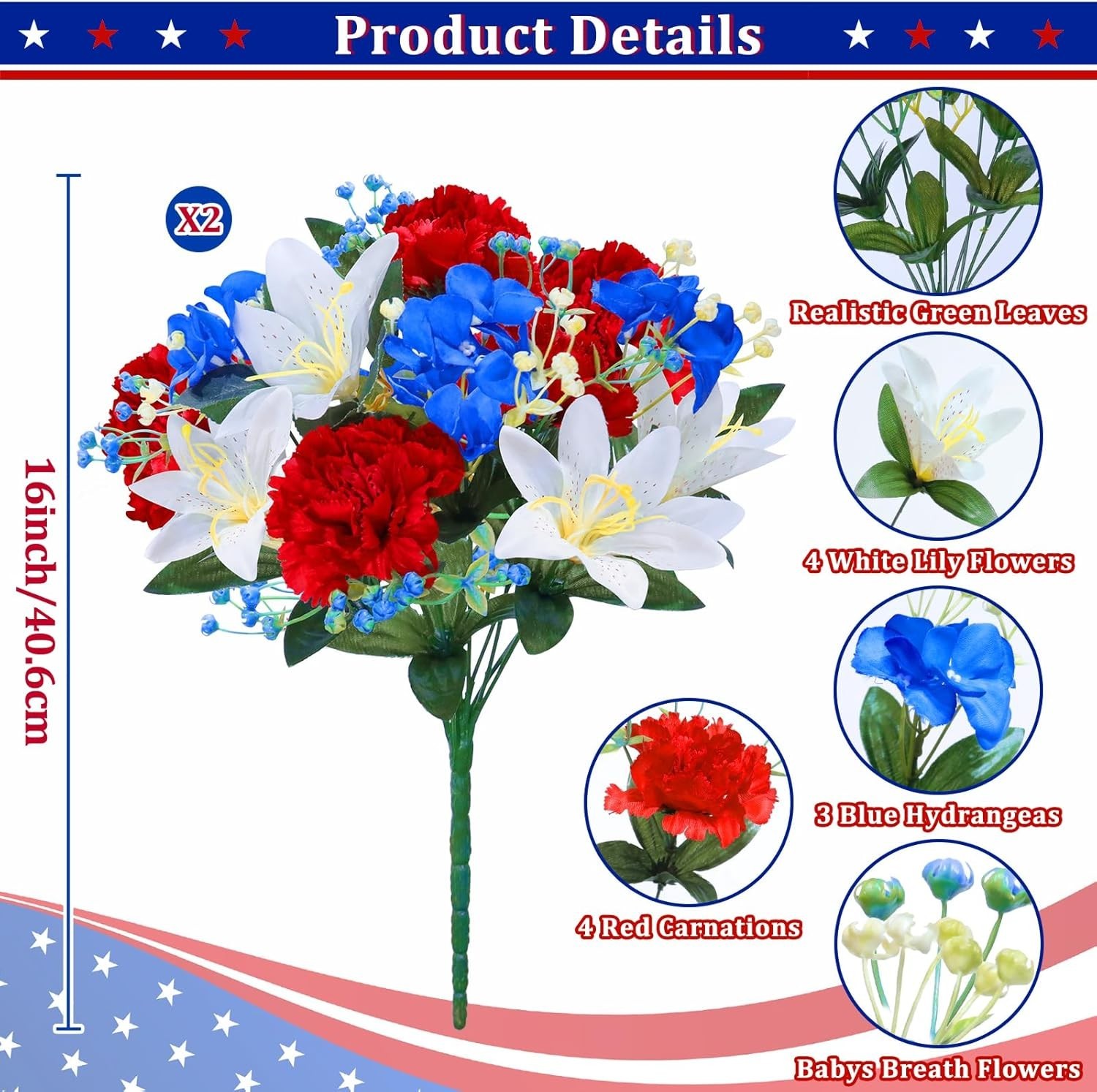 22 Heads Cemetery Flowers for Grave, 2 Bunches Artificial Flowers Patriotic Memo