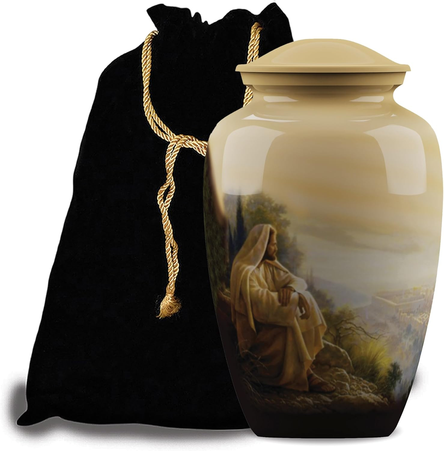 Handcrafted Jesus Theme Cremation Urn for Adults with Velvet Bag – 200 Cu in