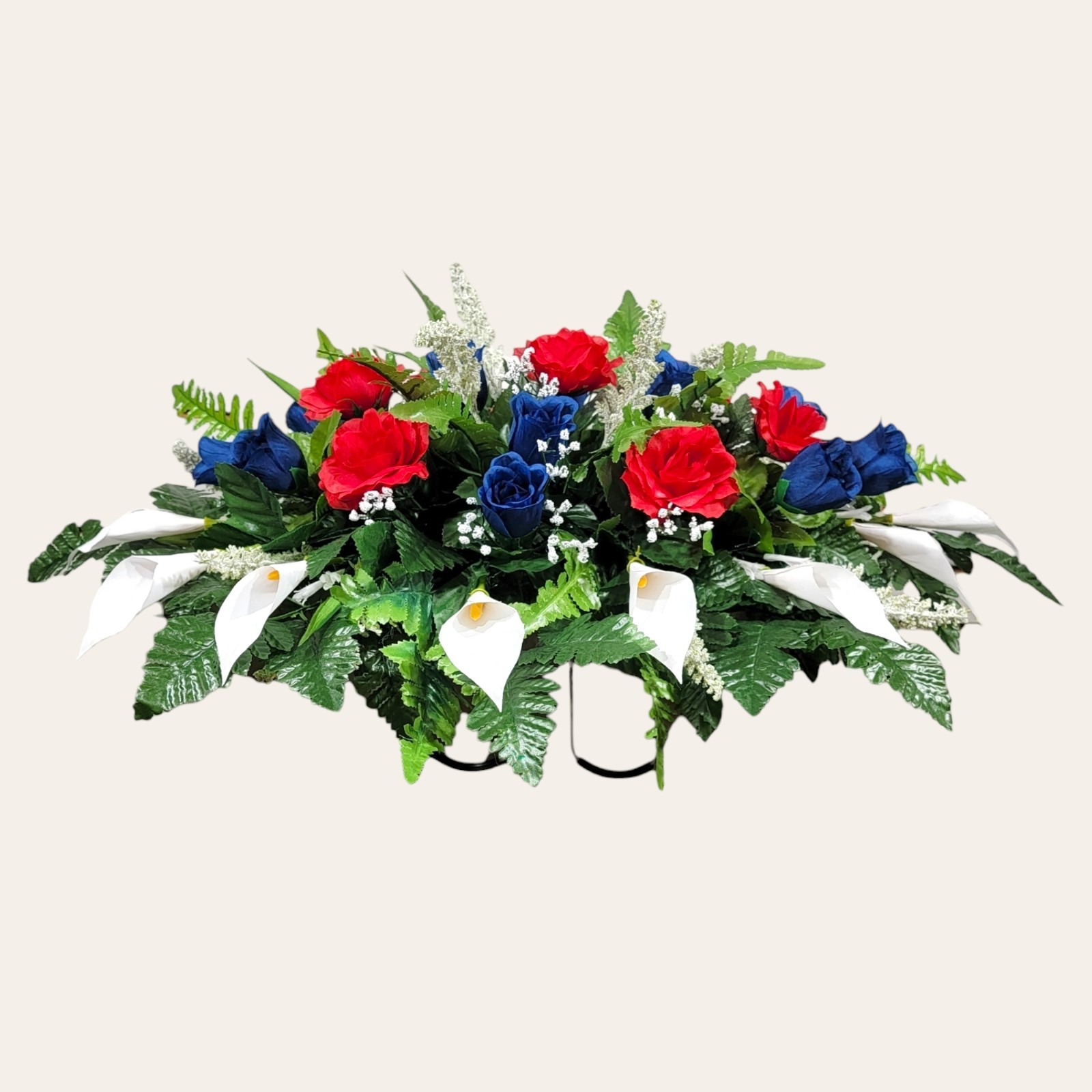 Patriotic Cemetery Headstone saddle Red and Blue roses with White Calla Lillies