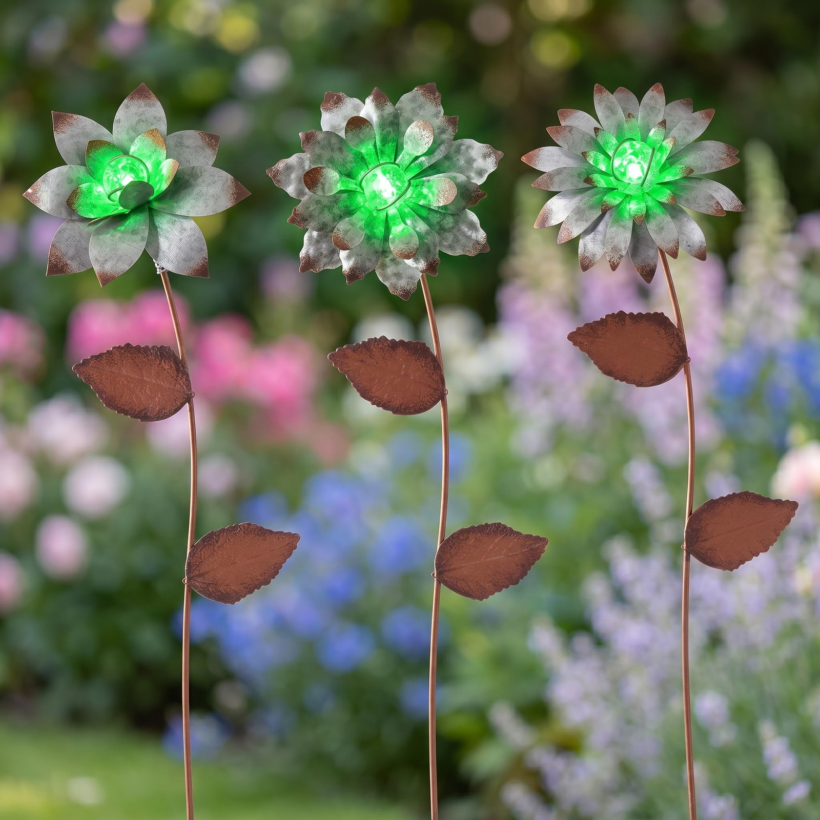 Metal Flower Garden Stakes Set of 3, Glow in The Dark Outdoor Garden Decor, D…