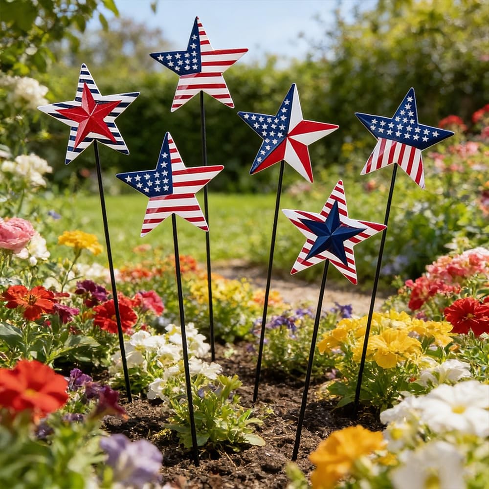 4th of July Outdoor Decorations 6 Metal Patriot Star Garden Stakes
