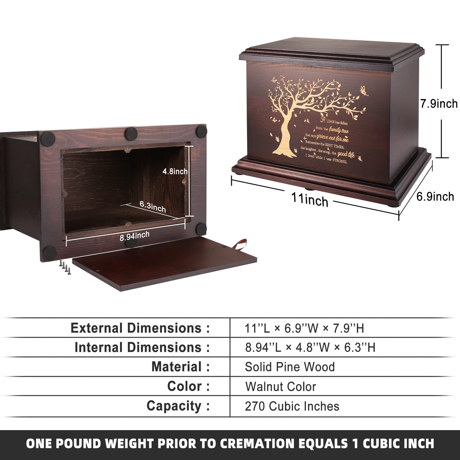 Cremation Memorial Urns for Human Ashes Adult Male Female, Walnut Color