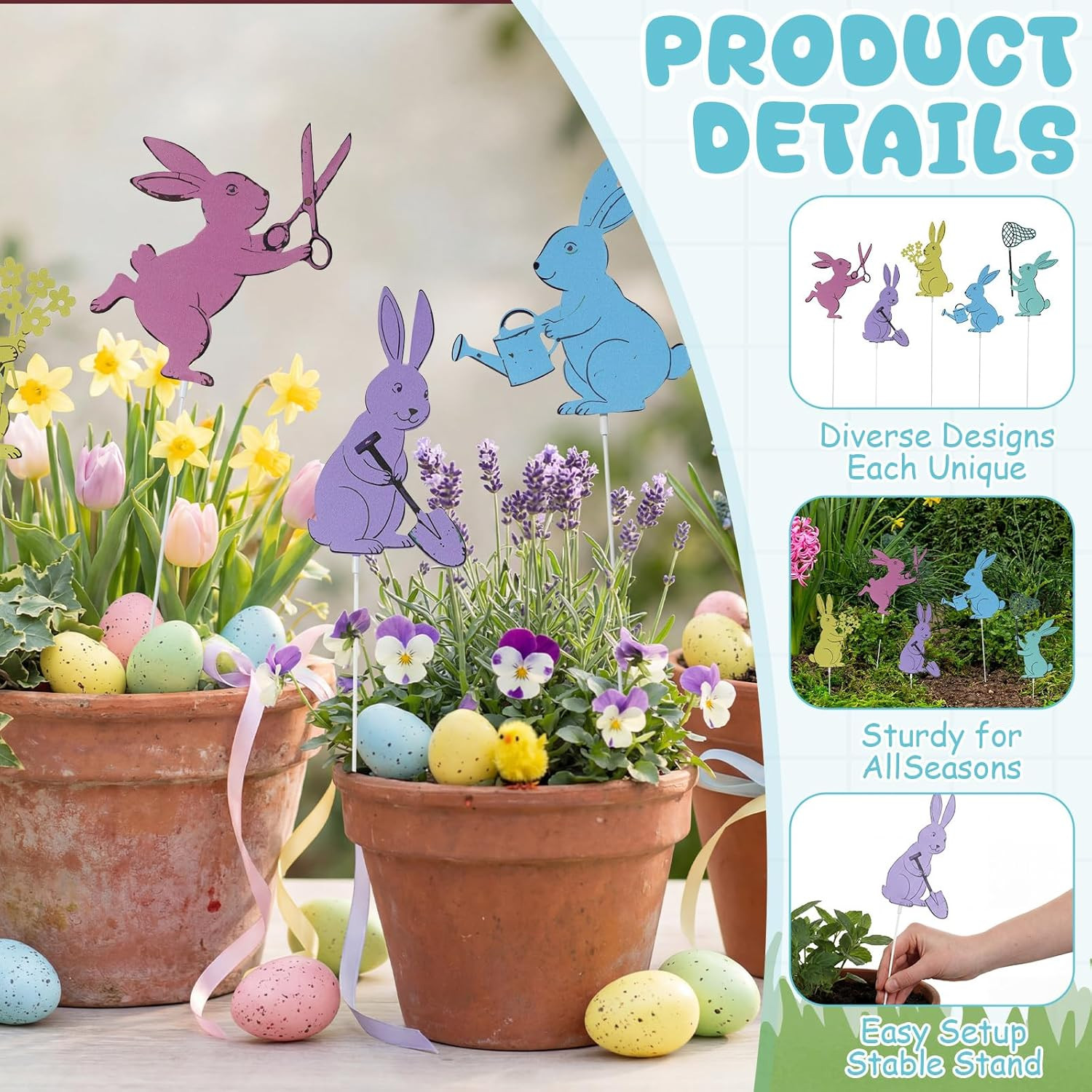 Leinuosen 5Pcs Easter Bunny Garden Stakes 13 Inch Metal Easter Yard Decor Colorf