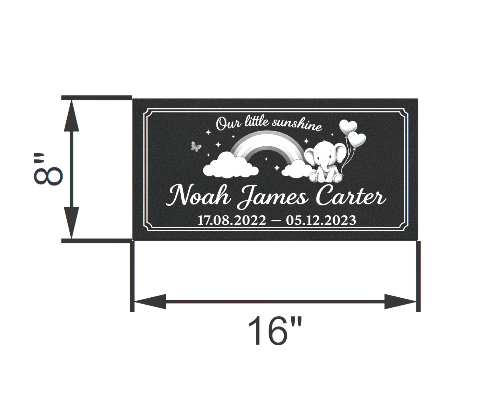 Custom Black Granite Baby Headstone 16x8x4 – Engraved Rainbow Memorial Stone