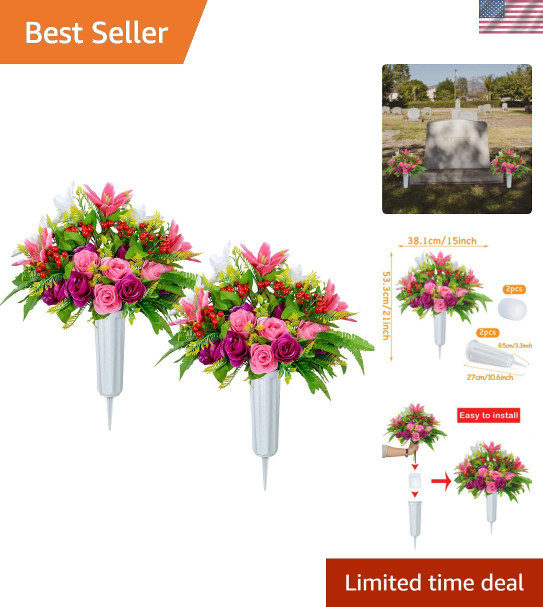 Set of 2 Elegant Artificial Cemetery Flowers with Vases for Lasting Tribute