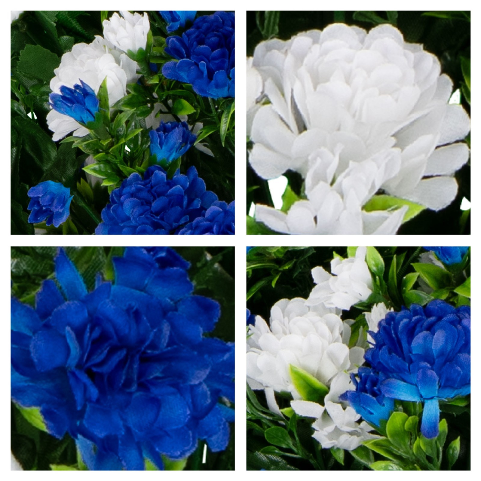 Artificial Gravesite Arrangement – Blue & White Garden Mum Saddle Bouquet & Vase